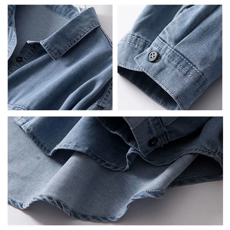 Oversize 85kg Loose Basic Jean Shirts Women Polo Collar Classical Denim Blouses 2023 Spring Fall Pocket Wash Blue Casual Blusas