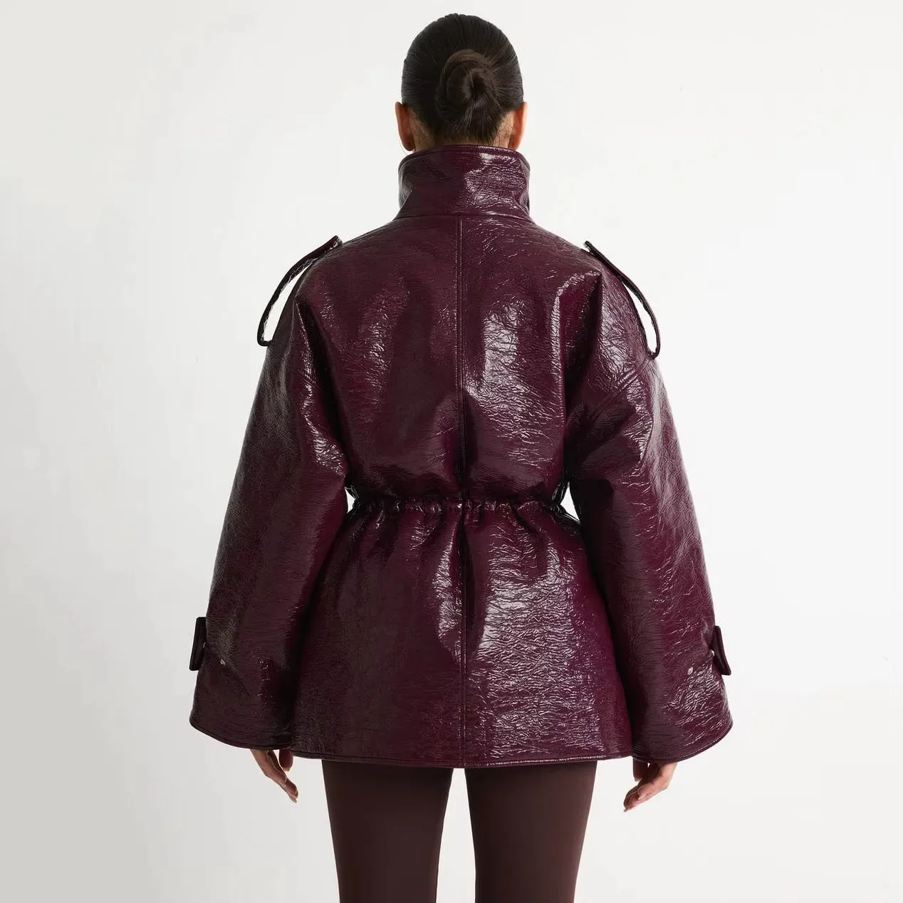 Women Burgundy Patent Leather Stand Collar Epaulet Multi Pocket Drawstring Waist Mid-Length Puffer Jacket, Winter Warm Streetwea