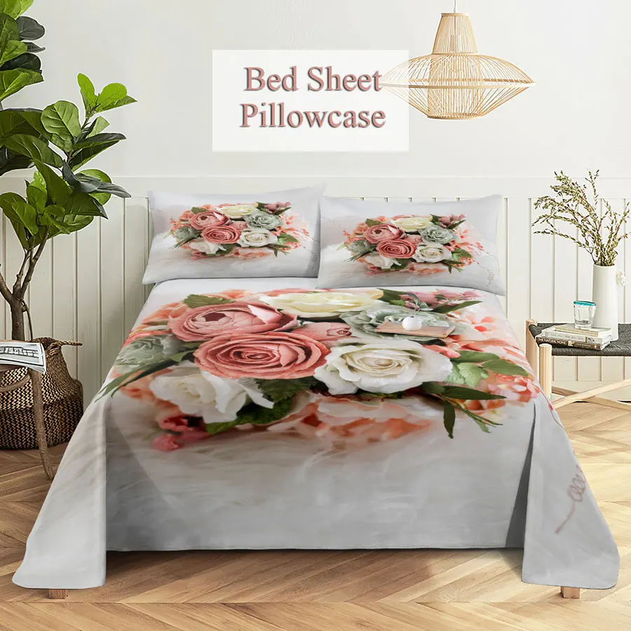 Bedsheets Set with Pillows Case Queen Size Soft Bed Sheets and Pillowcases for Single Double Beds Twin Pink Flower Thin Fabric