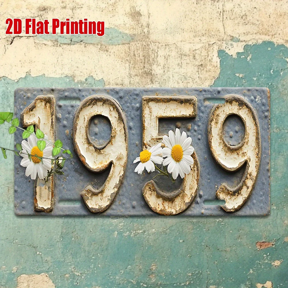 2D Flat - 1pc Vintage Metal Sign | Number 1959 Aluminum Sign with Daisy Flowers, 2D Flat Printing, 11.8