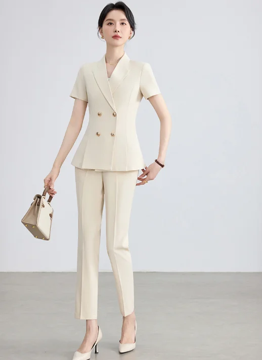 Summer short-sleeve double-row button small suit coat women's pants cross-border foreign trade two-piece set commuting