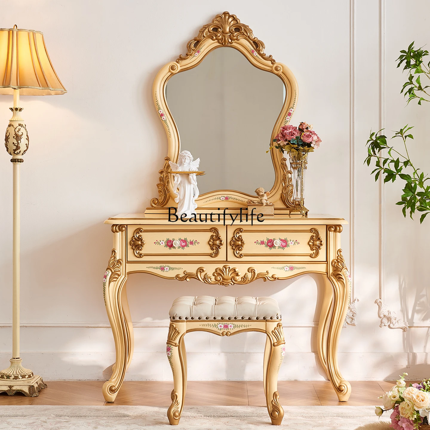 

French pastoral retro palace painted rose beige solid wood bedroom makeup table