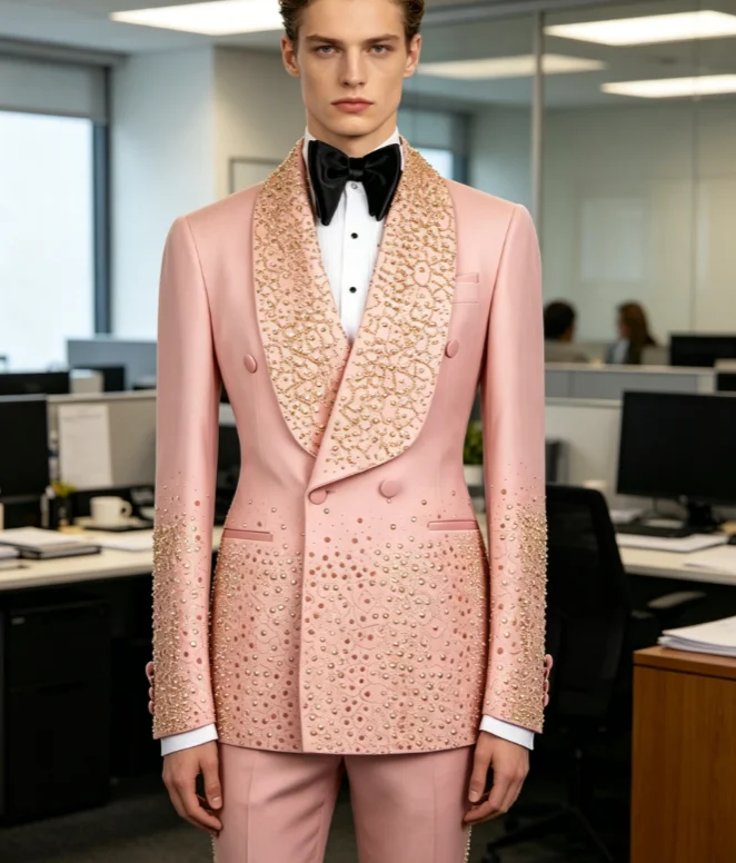

Customzed Pink Men Suit Double Breasted Men Suits Gold Rhinestone Beaded Shawl Lapel Groom Wedding Tuxedos 2Pcs Sets Ropa Hombre