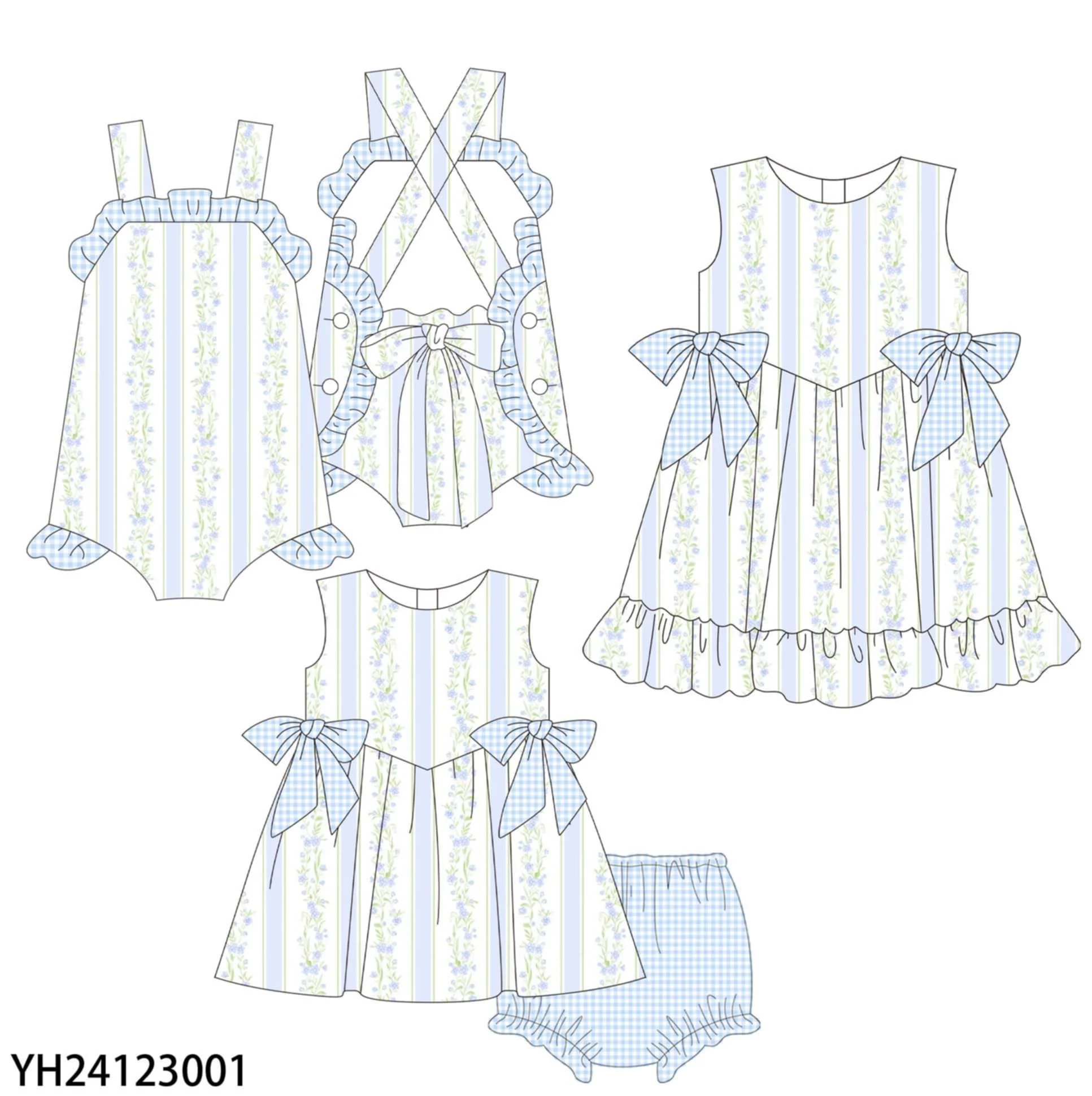 Summer Children's Clothing Blue Floral Print Bow Tie Sleeveless Shorts Set Girl Dress Romper Boutique Sister Clothes