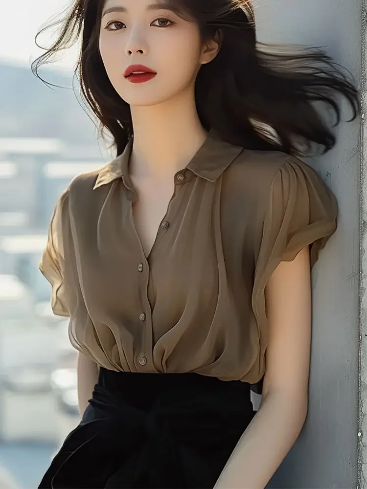 

2025 Summer Women New Solid Color Chiffon Shirt Female Turn Down Collar Thin Shirts Ladies Short Sleeve Casual Blouses
