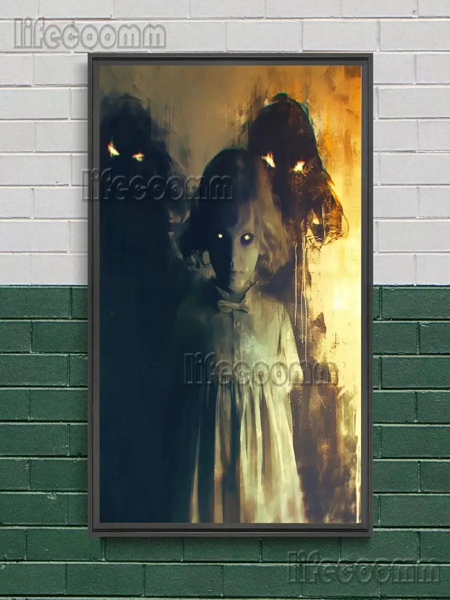 Creepy Girl and Ghost Vintage Wall Art Canvas Painting Scary Evil Spirit Gothic Poster Print Decor