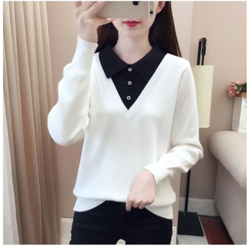 Women's Thin Sweater, Fake Two-piece Set Lapel Lace-up Button Women's Top Knit Sweater, Multi-color Pullover, Women's Dresses