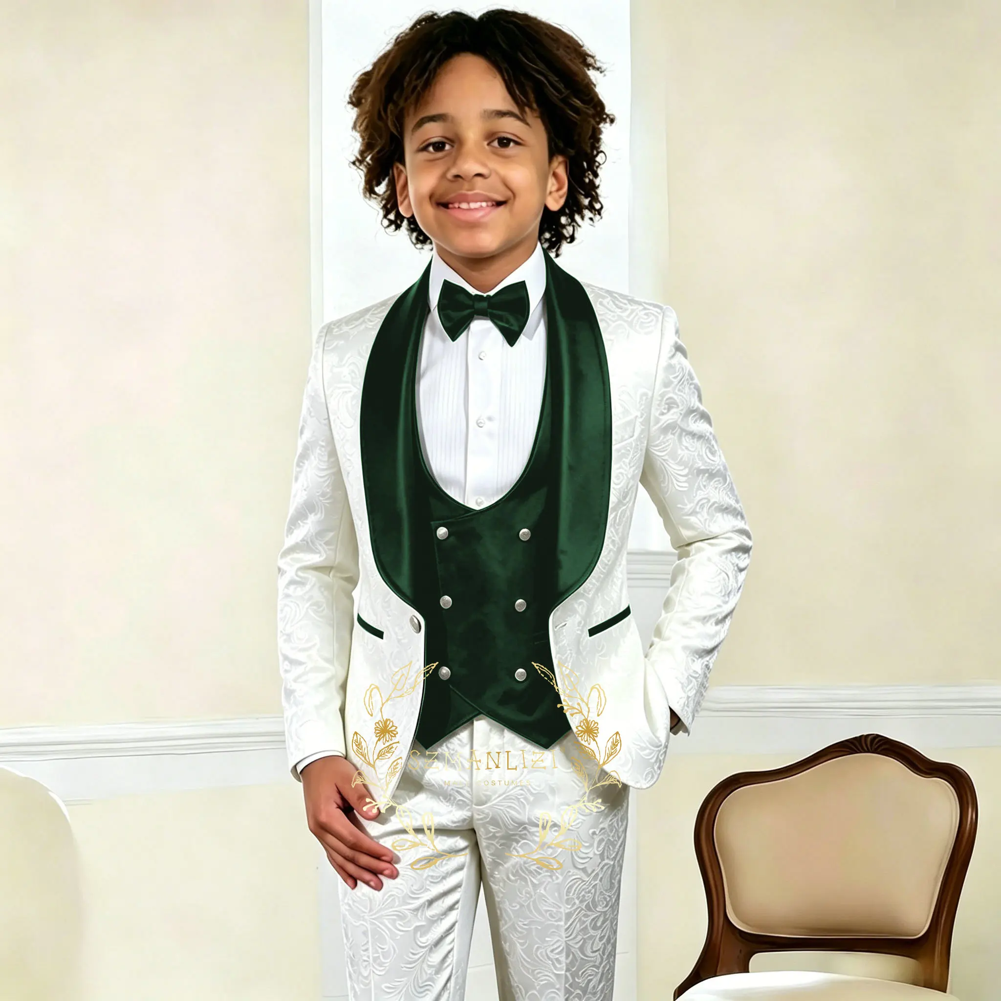 White Floral Flower Boys Suit Wedding Jacket Pants Vest Kids Three-Piece Set Child Clothes costume enfant garçon mariage