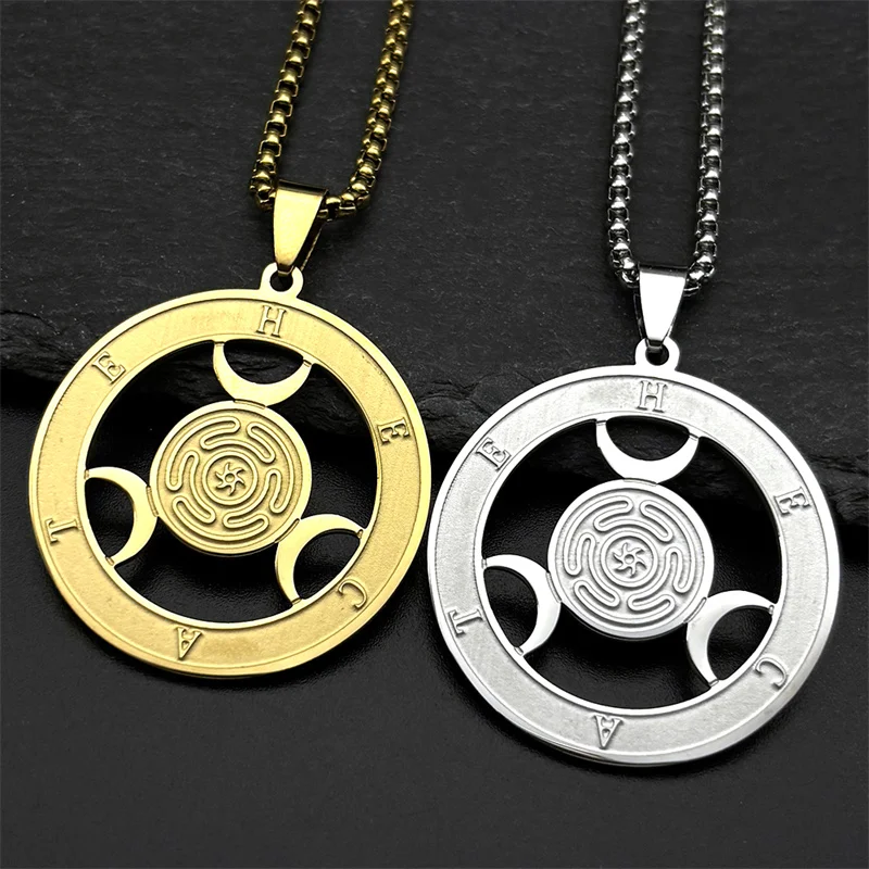 Wicca Triple Moon Goddness Hekate Wheel Edelstahl Anhänger Halskette Strophalos Hecate Magic Symbol Charm PIN Schmuck Geschenk – Detail 5