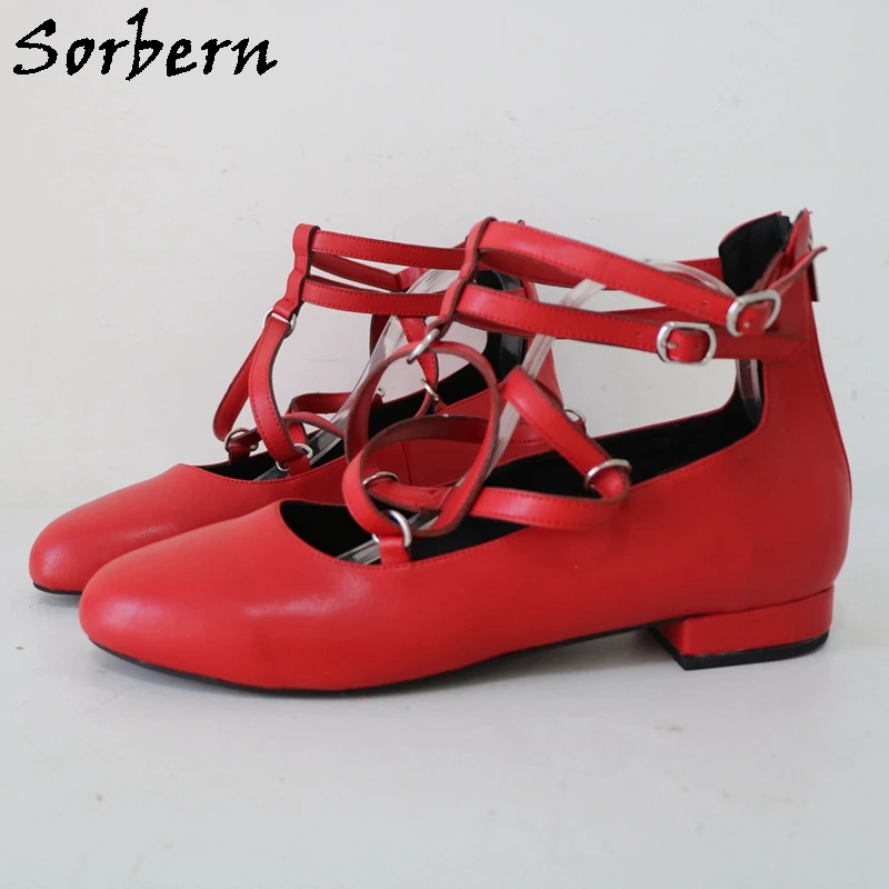 Sorbern Large Size 46 47 48 Women Pump Low Heels Thin Ankle Cross Straps Shoes Round Toe Shoes Back Zippers Custom Orders