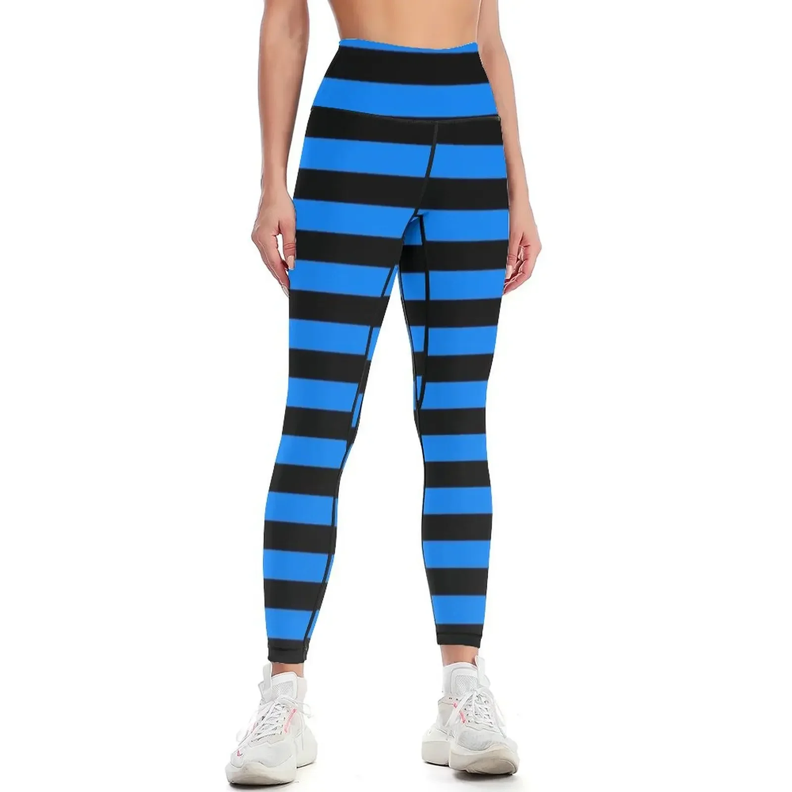

Azure Blue and Black Horizontal Stripes Leggings active wear sport pants sporty woman gym Womens Leggings