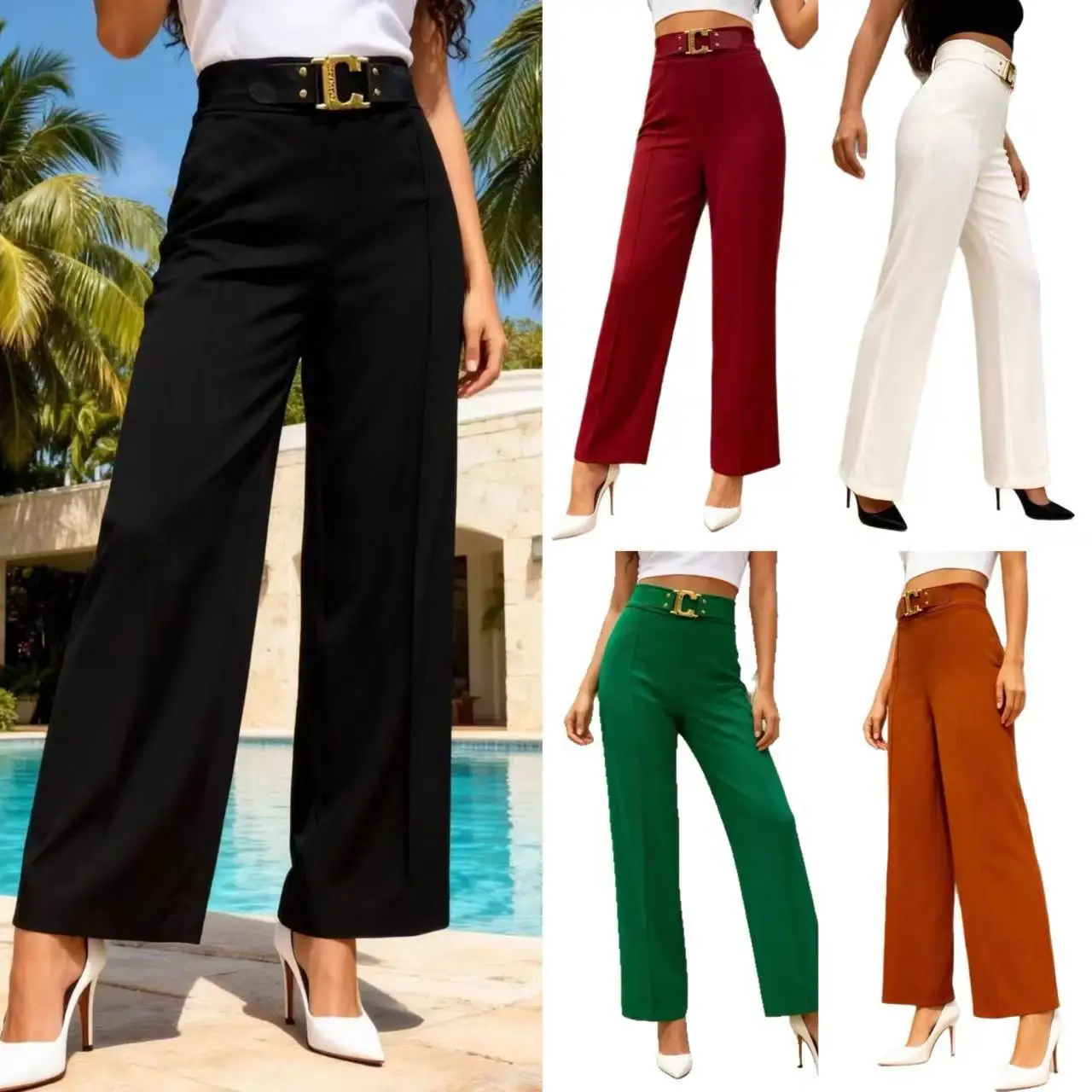 

Брюки прямого кроя с высокой талией, повседневные, свободные, для офиса, из полиэстера, женские, модные, осенние, однотонные