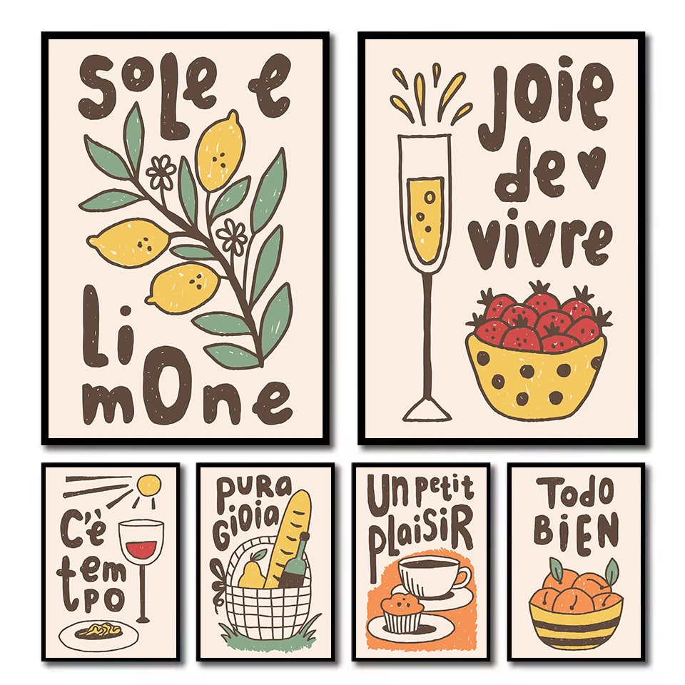 Joie De Vivre panier De pique-nique vin pâtes citrons amoureux des aliments Illustration affiche toile peinture mur photos maison cuisine décor
