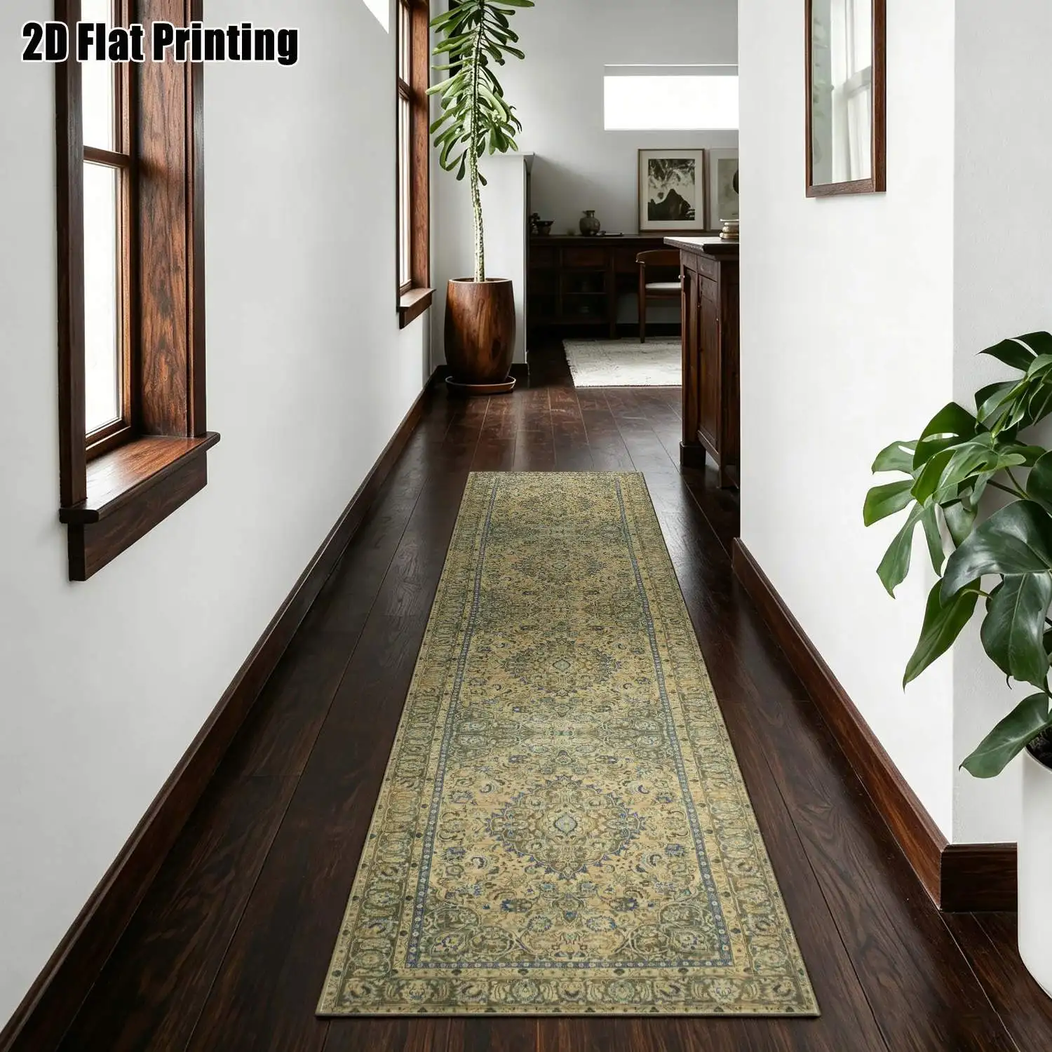 1Pc 2D Printed Long-Strip Running Track Carpet: Retro Blue & Brown Geometric Pattern, European/Bohemian Simple Style, Home Decor, Multiple Sizes, Machine Washable, for Entrance, Hallway, Living Room, Bedroom