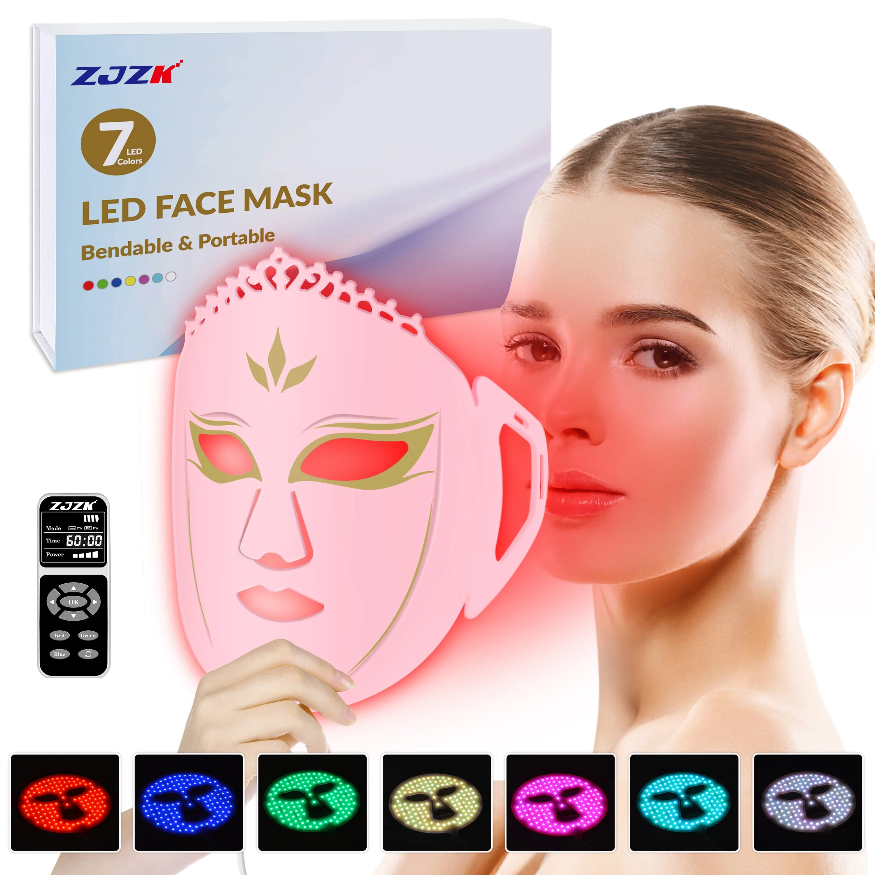 Dawfek Maschera per il viso a LED a 7 colori Terapia della luce Maschera portatile in silicone a luce rossa per il viso Migliora l'elasticità della pelle Diluire il rossore