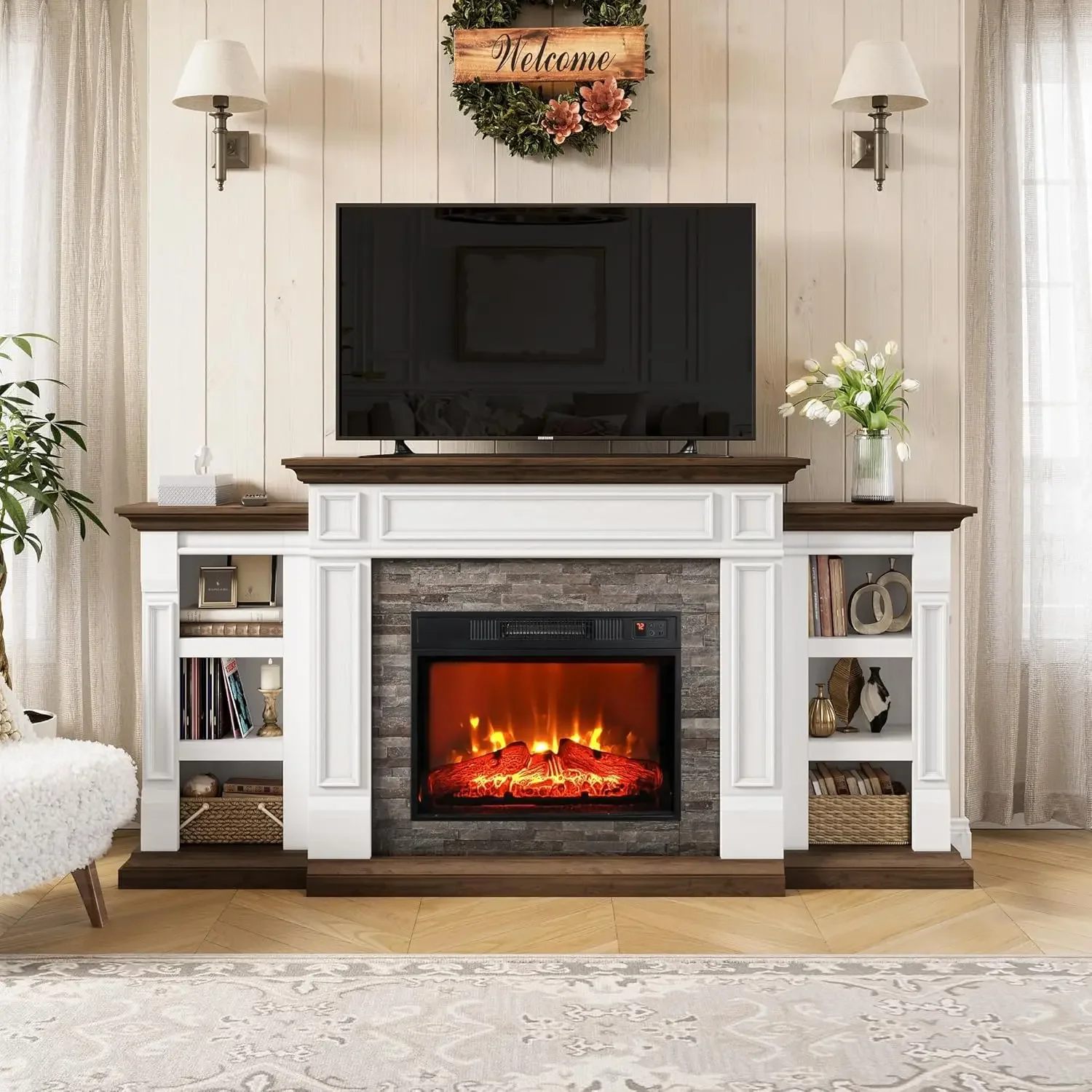 

70" Electric Fireplace with Mantel, Fireplace TV Stand for TVs Up to 80 Inch, Farmhouse Entertainment Center with Storage