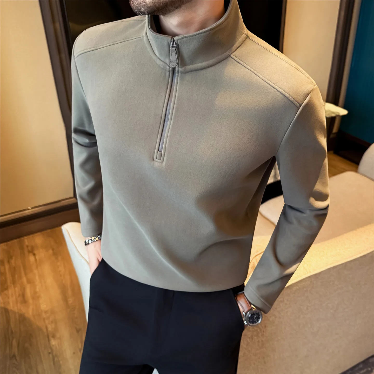 

Winter Fleece Long Sleeved T-shirt Men Half Zipper Sports Base Shirt Casual Stand Up Collar Sweatshirt Outdoor Social Sweatshirt
