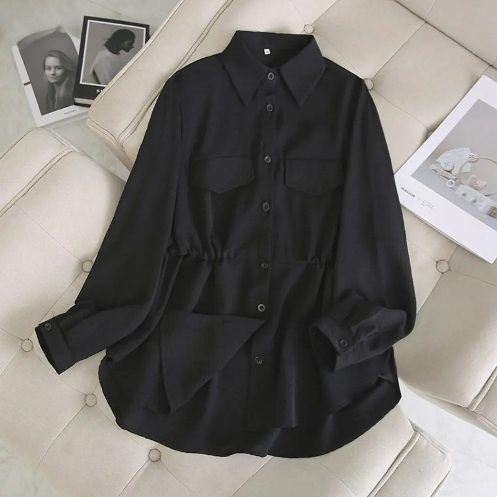 

Women's plus Size Long Shirt Medium Slim Fit Drawstring Waist Covering Belly Slim Long Sleeve Top for plus Size