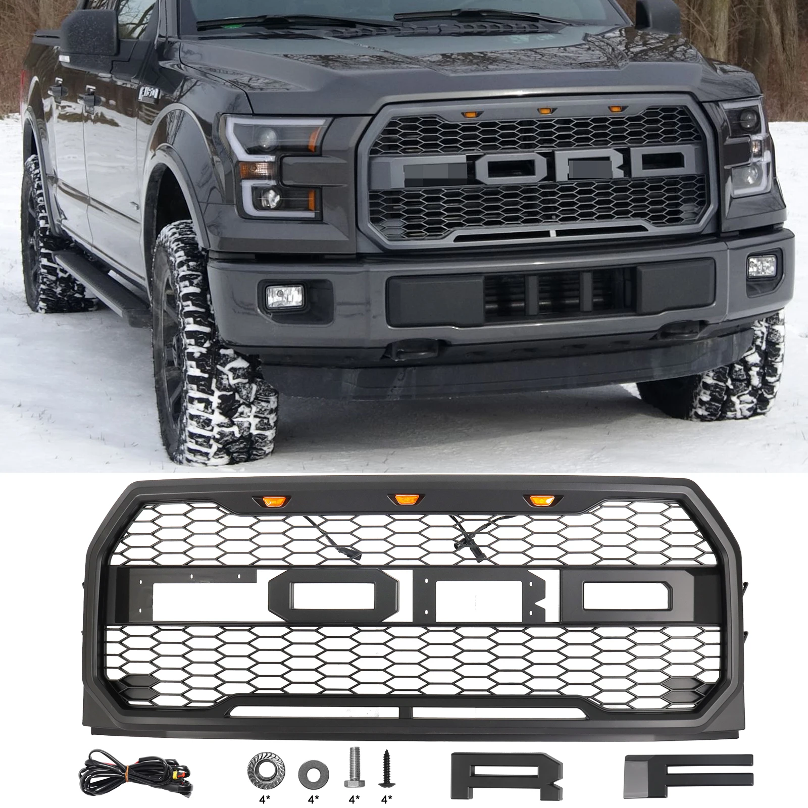 

Front Grill For Ford F150 2015-2017 Raptor Style Mesh Grille Matte Black w/ 3 LED Lights