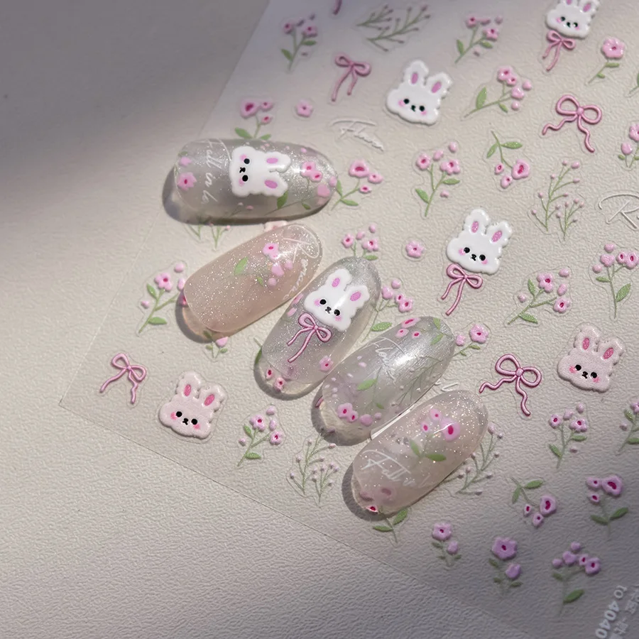 1 Stück 5D Kawaii Hasen-Nagelaufkleber Geprägte Cartoon Rosa Blaue Blumen Selbstklebende Nagelkunst-Dekorationen Abziehbilder Slider DIY Zubehör
