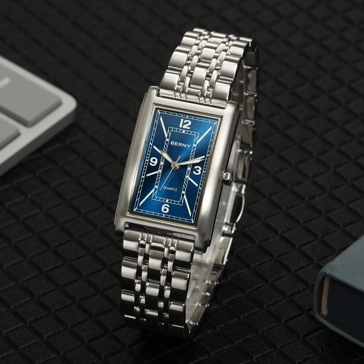 BERNY Square Men Watch Luminous Quartz Roman Numeral Dial 316L Stainless Steel Casual Fashion Rectangular Luxury Watch for Men