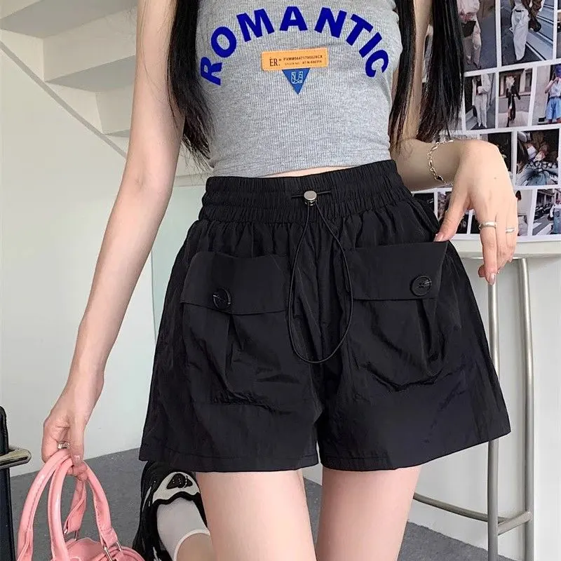 Safari Style Pockets Casual Shorts Summer Quick Dry Loose Female Clothing High Waist Elastic Stylish Sports Solid Color Shorts