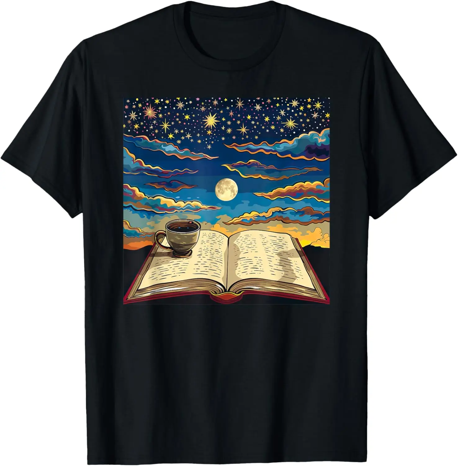 

Book Moon Coffee Cup Star Stars Pattern Print T-Shirt