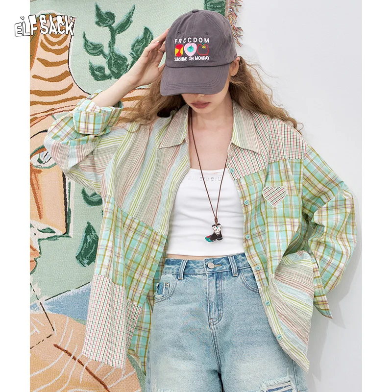 

ELFSACK 2025 Summer New Arrivals design casual top colours clahing plaid patchwork light shirt