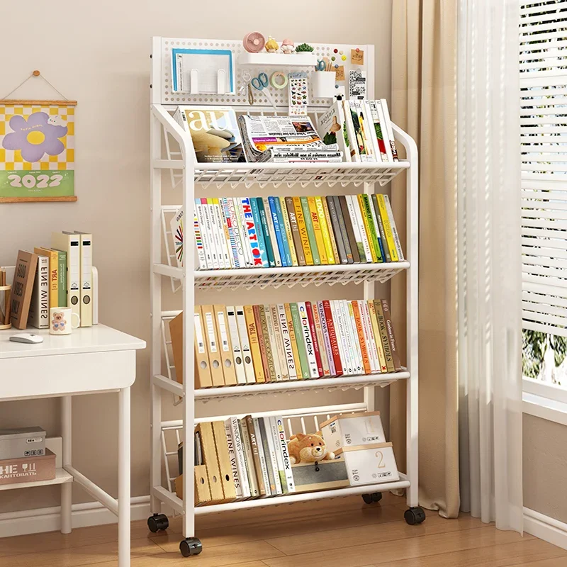 Piso de pé multi-camada estante sala de estar revista rack ferro estante organizador de armazenamento móvel rodas livros brinquedos fymr