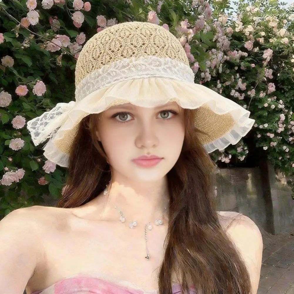 Sun Protection Beach Hat Breathable Mesh Top Hat Wide Brim Straw Hat for Women Foldable Beach Sun with Ruffle Bow Breathable