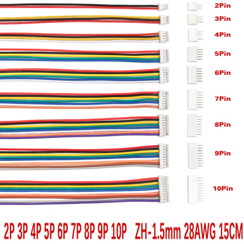 10set 150mm ZH-1.5 Wire Cable Connector DIY ZH-1.5 JST 2Pin-10Pin Electronic Line Single Connect Terminal Plug 28AWG Connectors