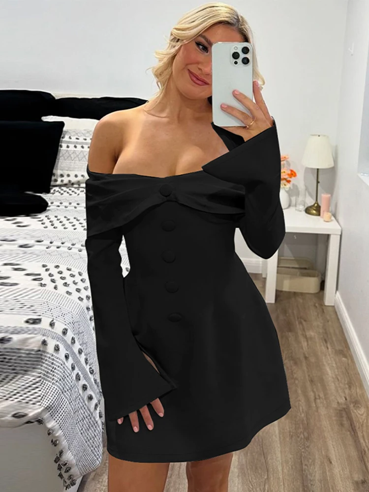 Women Black Gothic A-line Luxury Dress Vintage Off Shoulder Long Sleeve Mini Dresses Y2k Elegant One Piece Frocks 2000s Clothes