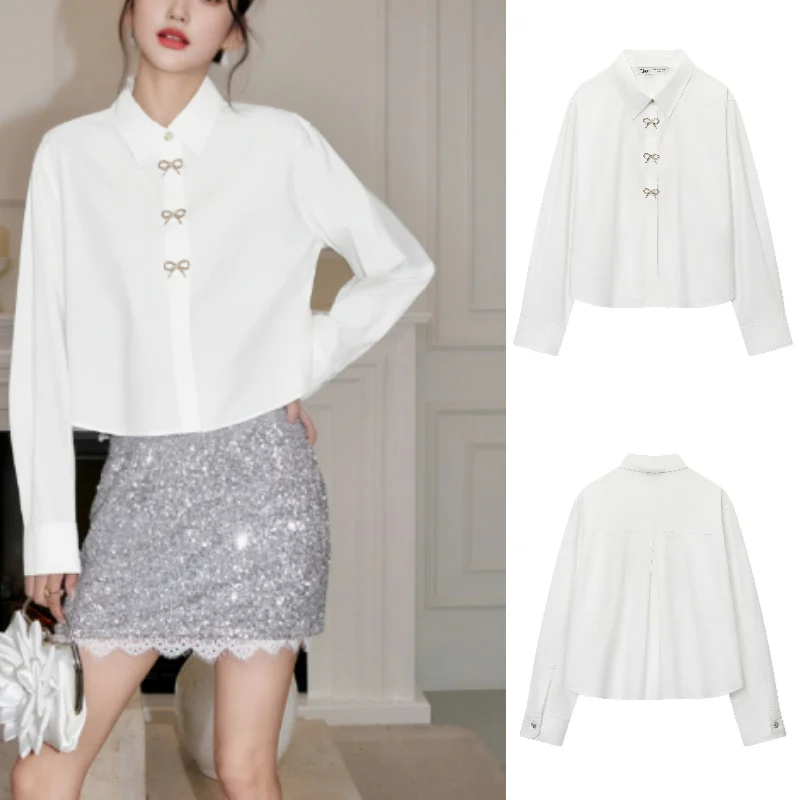 2025 가을 패션 트렌디 섹시 인기 주얼리 버튼 장식 포플린 셔츠