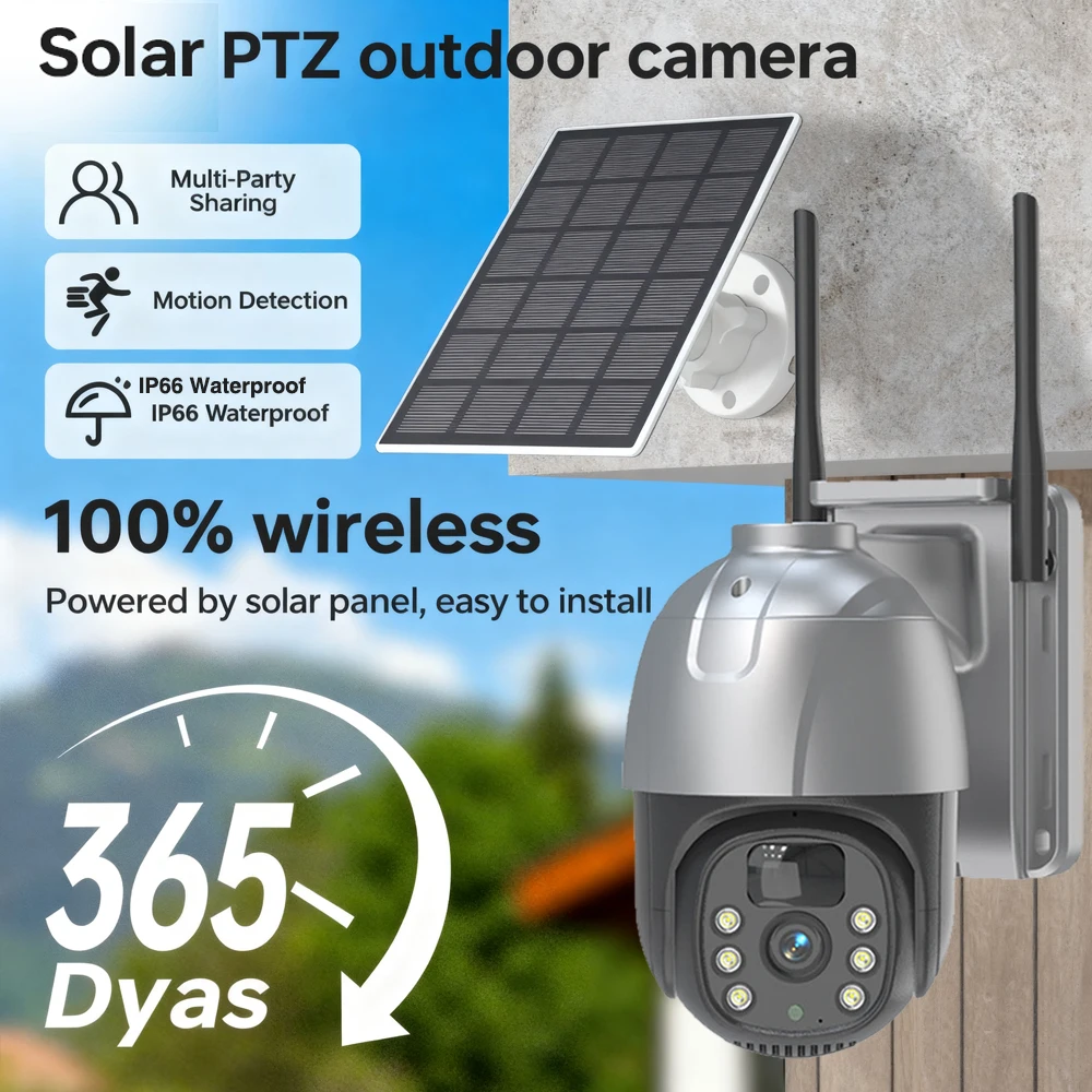 5MP Full HD WiFi Solar Panel Wireless PTZ Camera Outdoor Security WIFI  Solar Powered CCTV Camera