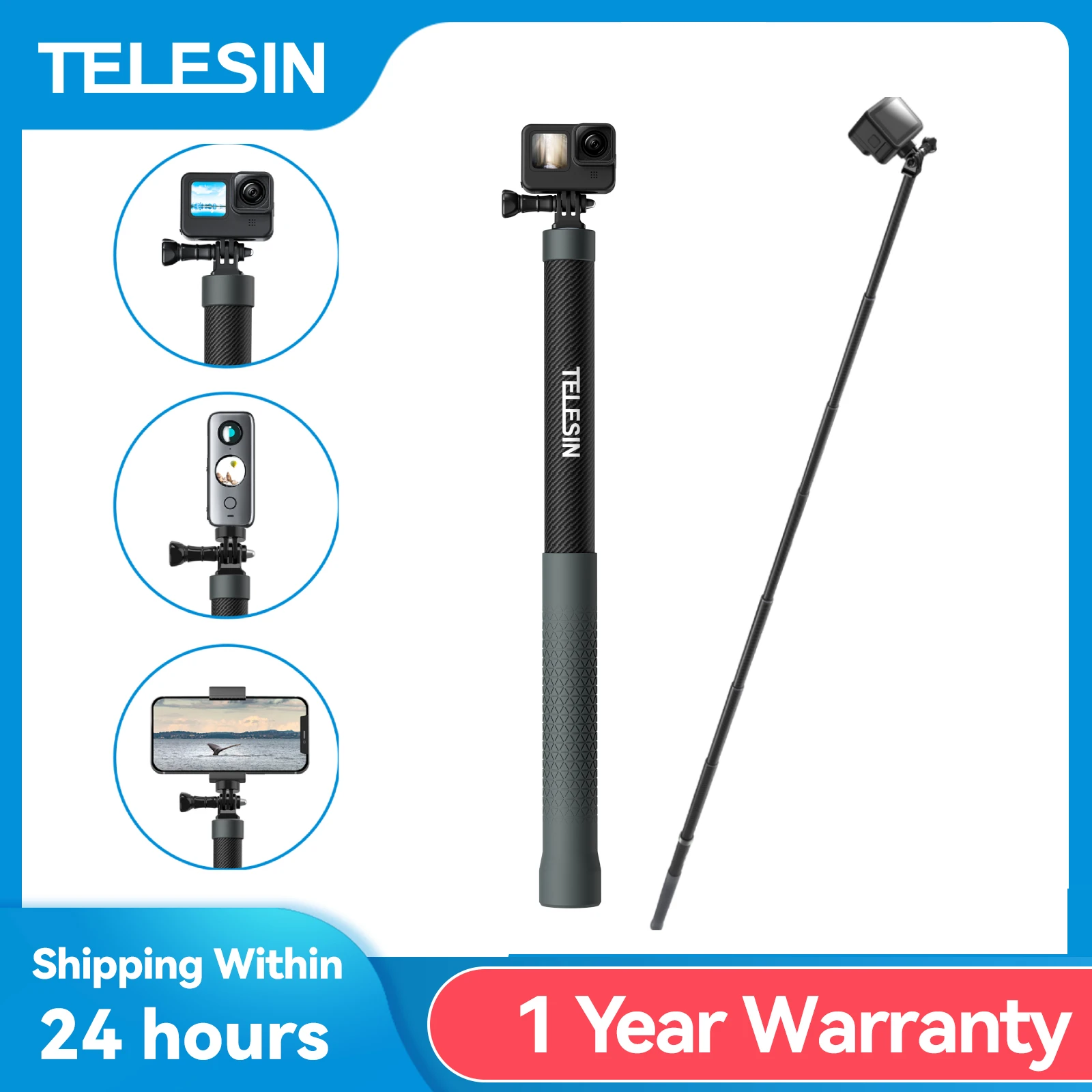 

TELESIN 1.2M Carbon Fiber Selfie Stick Monopod Extendable With 1/4 Screw For GoPro Insta360 X2/X3 Osmo Action3 DJI Action Camera