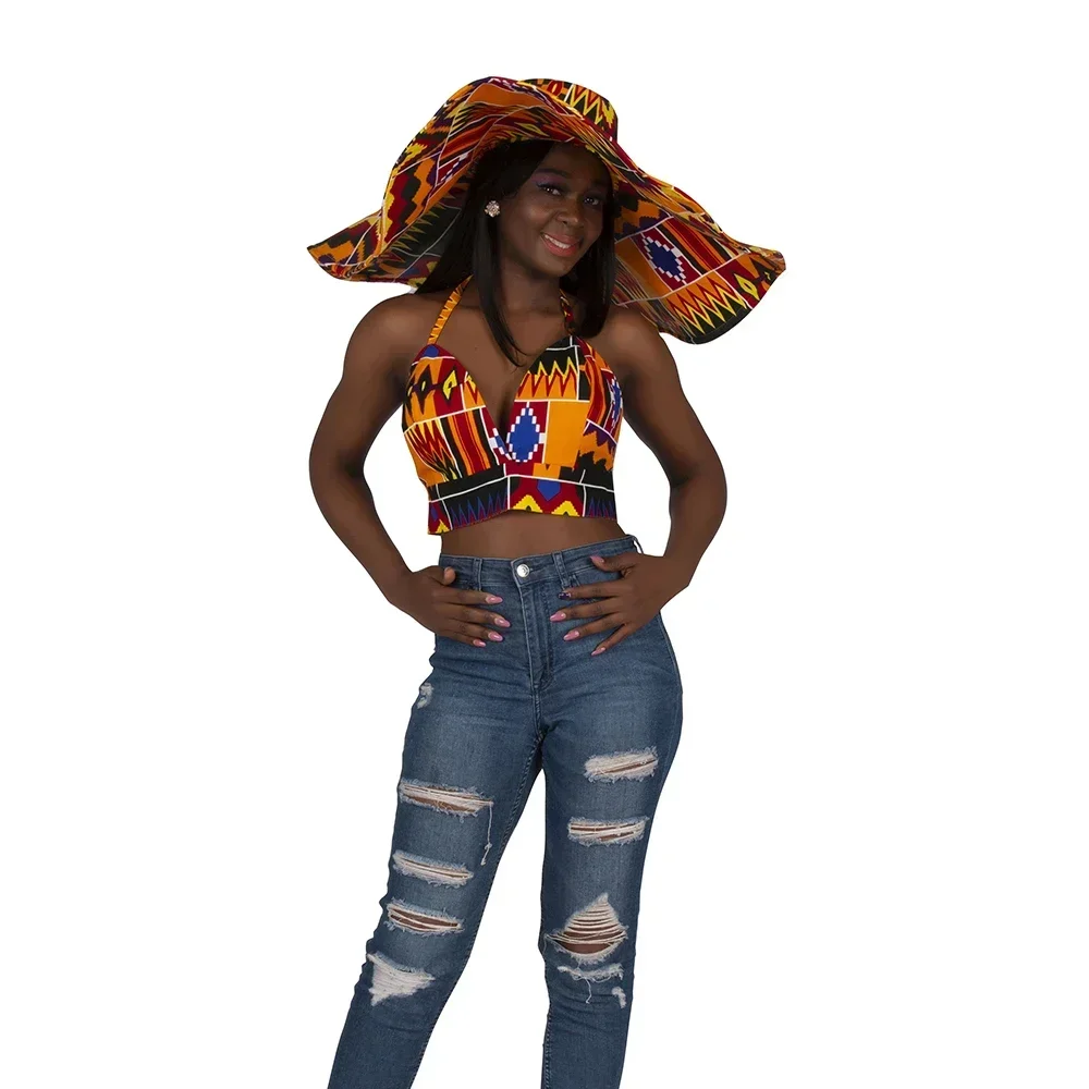 

Summer African Women Wide Brim Sun Hat and Bra Sets Clubwear Beach Wear Backless Bra Top Ankara Print Lady Clothes wy10090