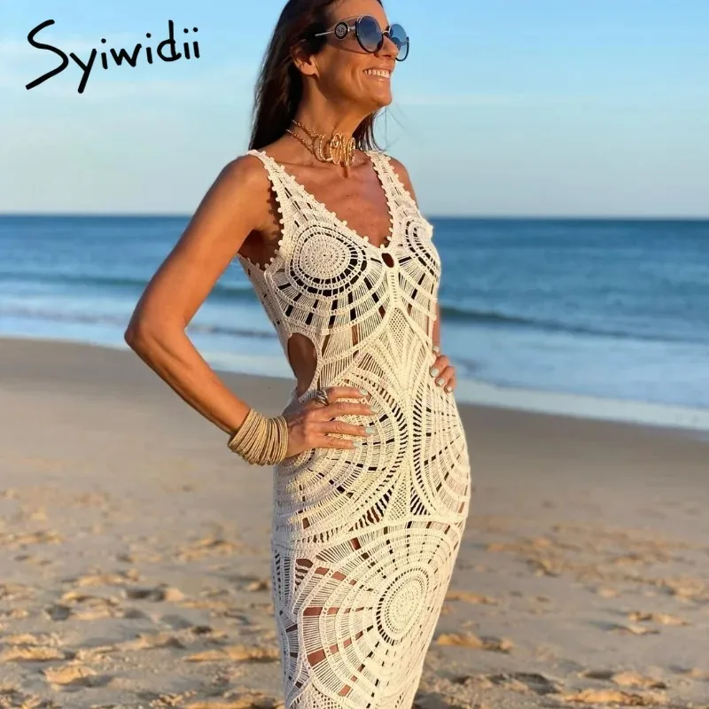 Syiwidii Knitted Hollow Out Long Dress Women Sexy Sleeveless Backless V Neck Bodycon Dress Female Summer Elegant Party Beachwear