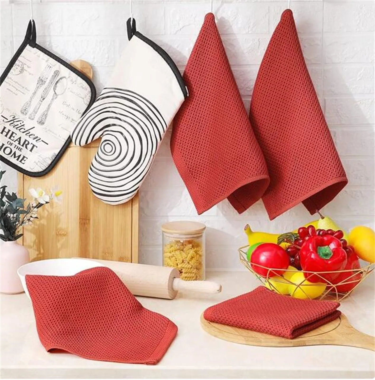 Cotton Weave Kitchen Dish Cloths Ultra Soft Absorbent Quick Drying Dish Towels 12x12 Inches 6 Pack Red Nice Bath Towels