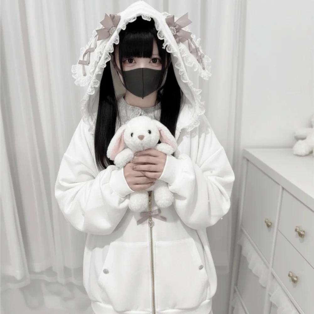 

Толстовка с длинными рукавами и заячьими ушками, толстая теплая толстовка с заячьими ушками в стиле Лолита JK, кавайные зимне-осенние кардиганы, женские кардиганы Y2K