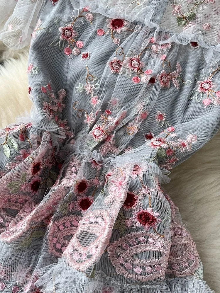 المدرج الصيف زهرة التطريز كعكة فستان المرأة تول شبكة قصيرة الأكمام المتتالية الكشكشة ماكسي طويل حفلة فساتين رائع #5