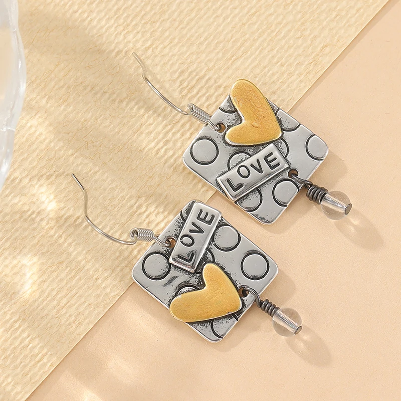 Creative Design Silver Color Copper Dangle Women's Square Heart Hand Carving Love Earrings Woman Vintage Jewelry
