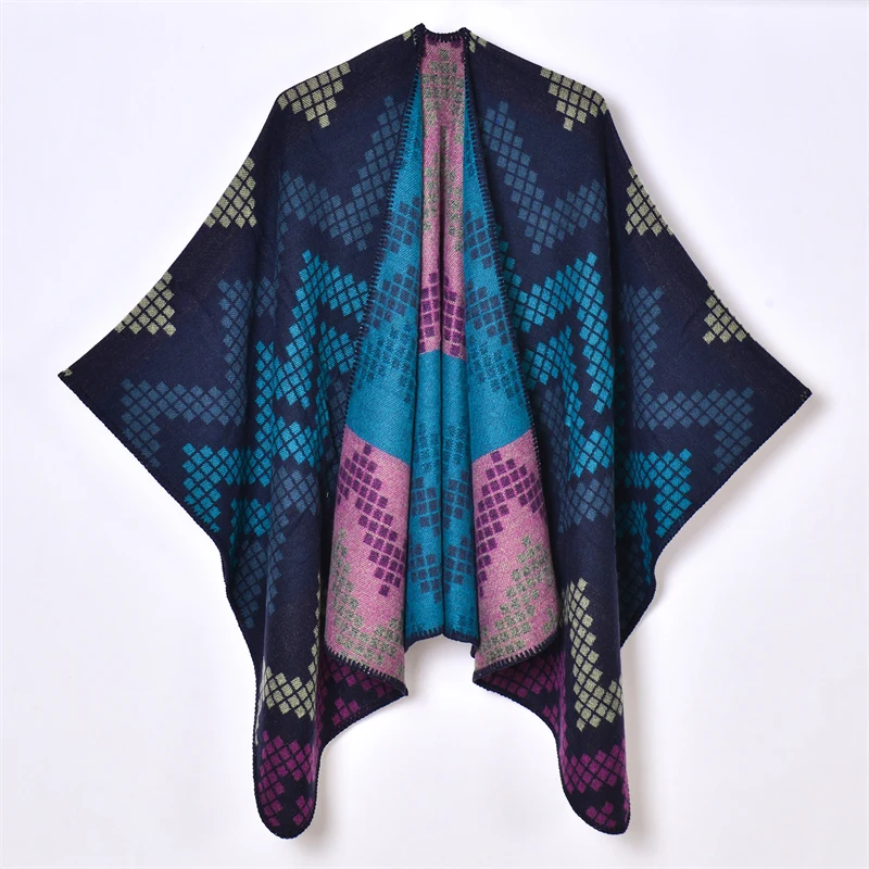 Cashmere Poncho Women Man Stripe Jacquard Scarf Winter Warm Shawl Cape Pashmina Female Warm Shawl Blanket Stole Cloak