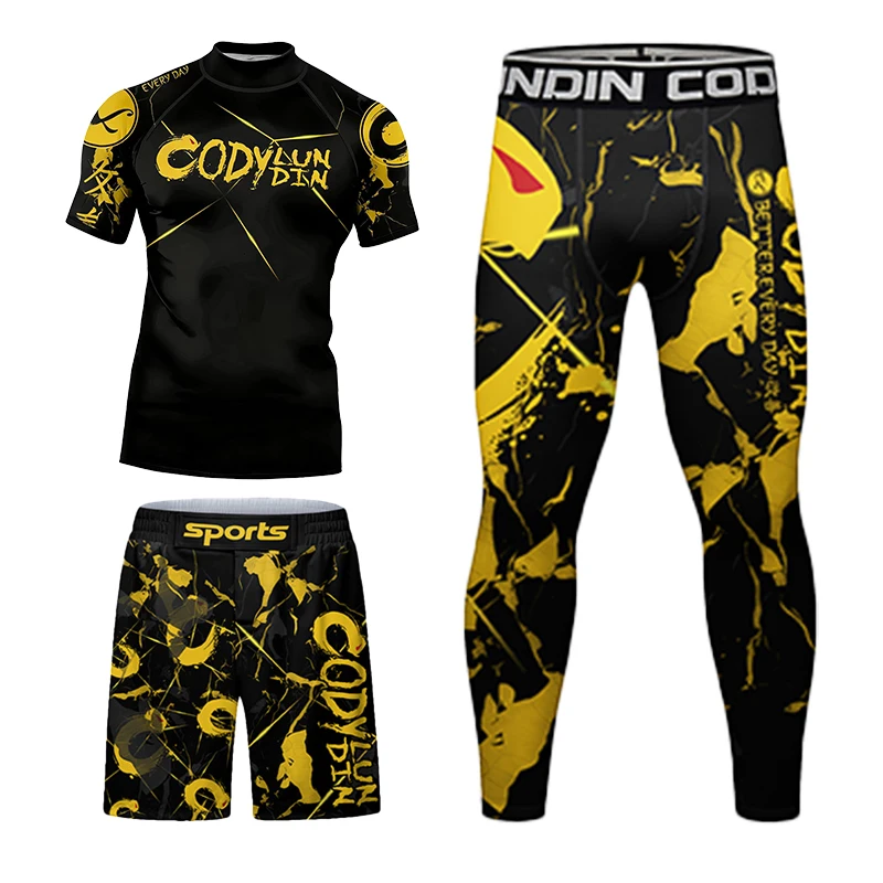الذهب الأصفر Rashguard MMA تي شيرت + السراويل MMA السراويل 4 قطعة/المجموعة البرازيلي تصارع جيو جيتسو Bjj الملاكمة الفانيلة ضغط مجموعات