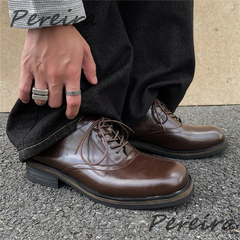 

Brown Leather Square Toe Derby Shoes for Men British Style Retro Thick Soled Lace-Up Oxfords Trendy Party Banquet Dress Shoes