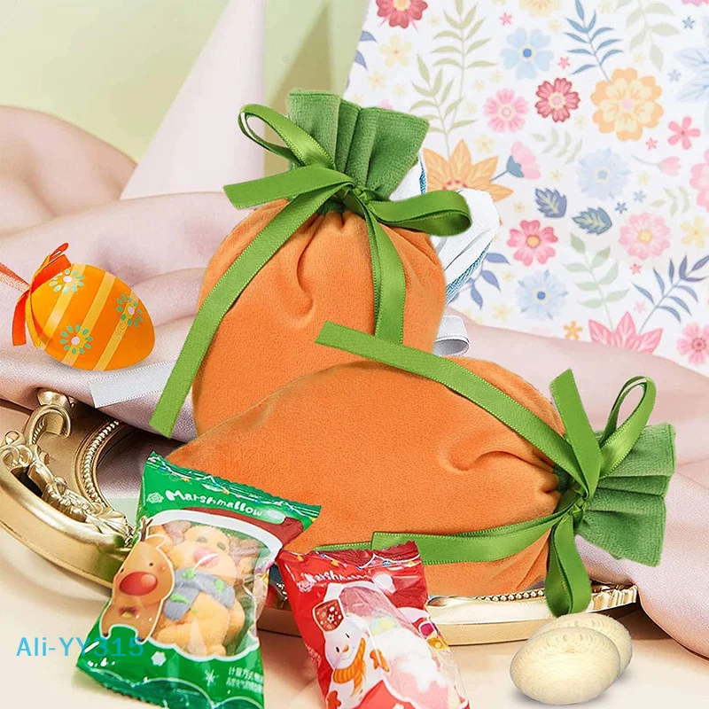 NN82 5Pcs Velvet Rabbit Ear Candy Bags With Drawstring Easter Carrot Gift Bags Bunny Ear Wrapping Pouch Party Favors Supplies