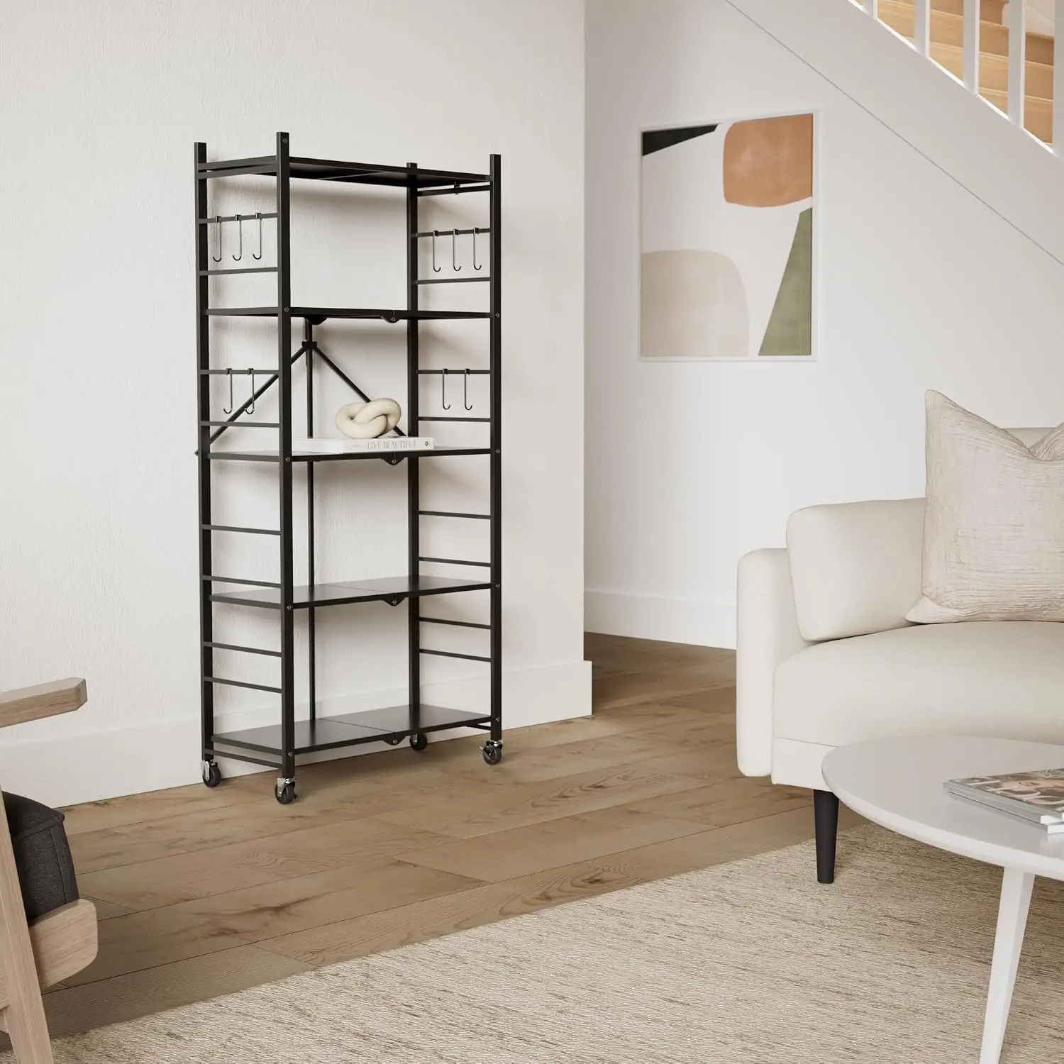 Black 5 Tier Foldable Storage Shelves 20 Hooks Wheels Kitchen