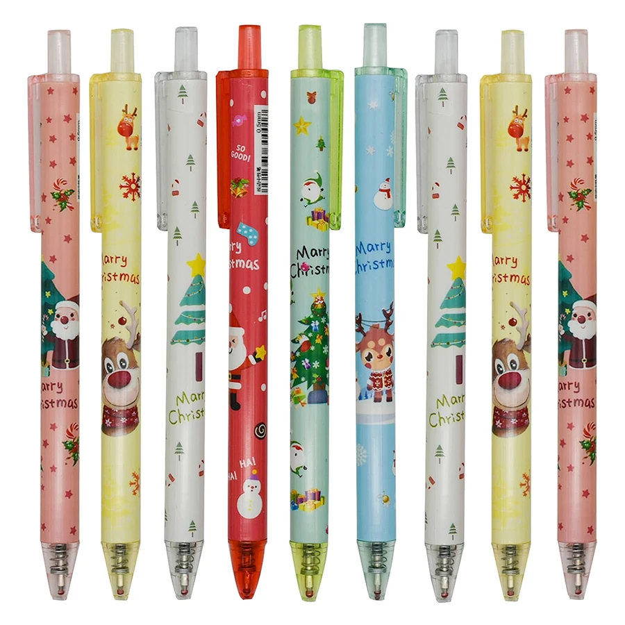 12PCS Cartoon Christmas Gel Pen Retractable Printing Pens Santa Claus Christmas Trees Snowman Elk Black Ink for School Office