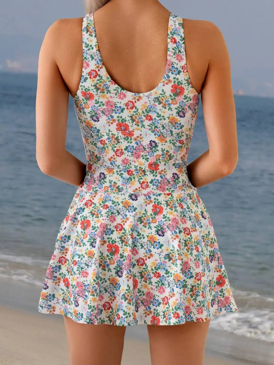 

Ditsy Floral Ruched Waist Beach Dress With Shorts Swimwear Set For Women