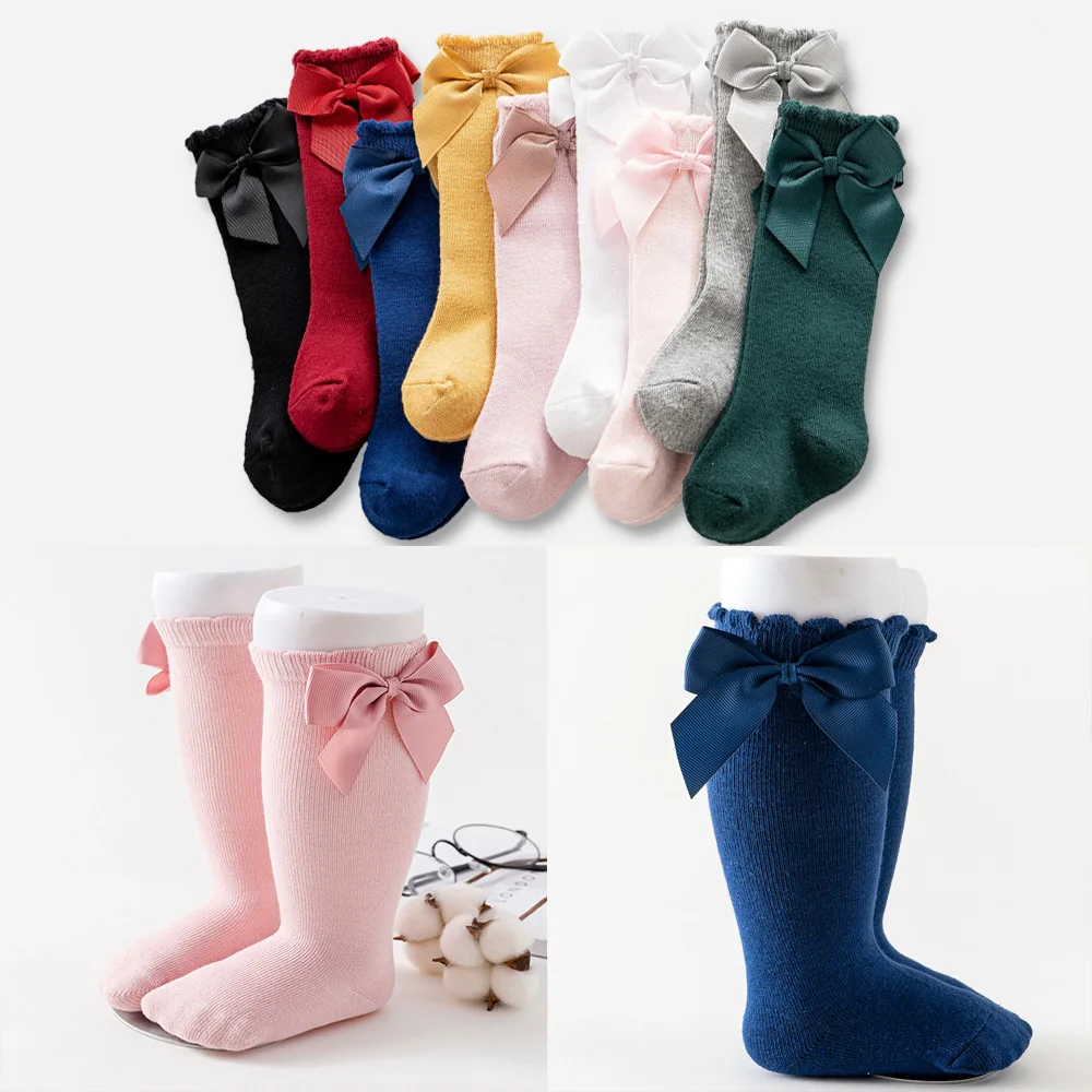 

Girls Solid Socks With Bows 100% Cotton Baby Children Sock Soft Toddlers Long Socks Kids Princess Knee High Socken For 0-7 Year