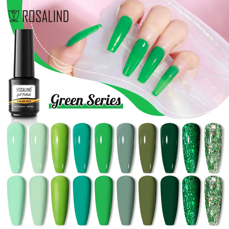 ROSALIND Glitter Gel เจลสีเขียว Macaron 100สี UV เคลือบเล็บกึ่งถาวรเคลือบเงาฐานรองพื้นทั้งหมดสำหรับเล็บ Art